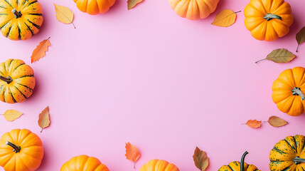 Autumn pumpkins and leaves on pink background fall season thanksgiving