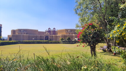 vintage fort architecture with bright blue sky at morning at day