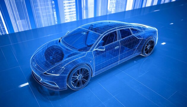 A futuristic car design rendered in a vibrant blue wireframe, showcasing its intricate details against a cityscape backdrop. - Powered by Adobe