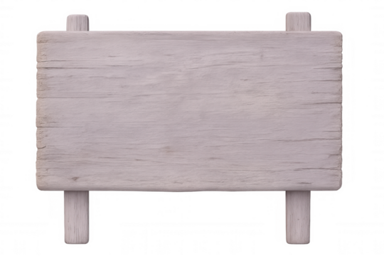 Empty rectangular light gray wooden sign with two legs and transparent background, ideal for adding custom text or graphics