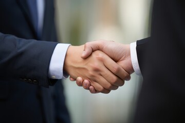 A close up shot of two people in suits shaking hands in a business or professional setting