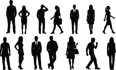 Silhouette of business people standing and walking, group of office professionals in different poses, corporate team vector illustration for presentation, website, infographic