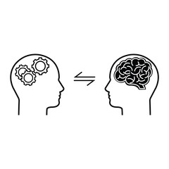 thin line dialogue between chatbot and human. flat silhouette contour style trend logotype or simple graphic art design isolated on white background. concept of meeting, teamwork or presentation