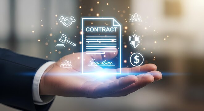 A hand presents a glowing digital contract icon surrounded by related legal and financial symbols.