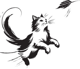 Obraz premium Artistic Black and White Illustration of a Playful Cat Reaching for a Floating Feather