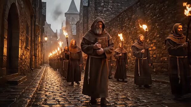 monastic religious medieval procession in the city.. Two videos sequence.