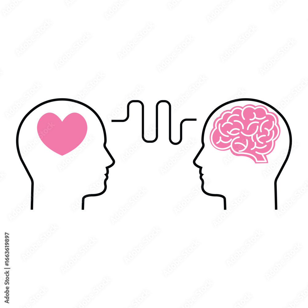 Aufkleber connection of mind and heart with heads. flat linear modern simple iq or bias logotype graphic desig