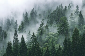 Misty mountain forest scene. Lush green trees shrouded in a thick fog