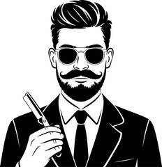 Stylish Barber Character Illustration with Razor and Beard Grooming Elegance in Black and White Fashion Icon