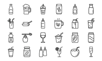 Collection of black and white drink and beverage icons, soda, beer, bubble tea, juice, coffee, tea, wine, cocktails, smoothies, honey jar, pickle jar, milk carton, energy drink, condiment bottles, and