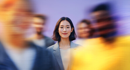 Young Asian corporate manager in blazer standing still as yellow and purple crowd streaks across frame