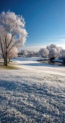 Obraz premium Winter wonderland golf course. Frosty trees and a tranquil fairway under a bright blue sky