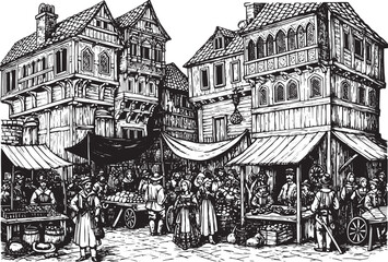 Bustling medieval marketplace scene rendered in detailed black a
