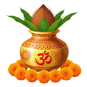 Decorations gold pot, featuring the symbol Om in red. Atop the pot is a coconut and green mango leaves. The pot is surrounded by a ring of orange marigold flowers. Pot symbols used in Hindu rituals.