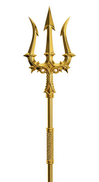 Golden trisul with three pointed prongs and intricate details, Durga trishul
