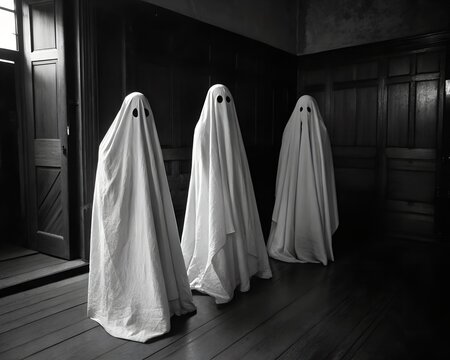 Three Ghosts in a Dark Room Spooky Halloween or Horror Concept