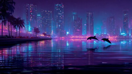 Two Dolphins Jumping Water With