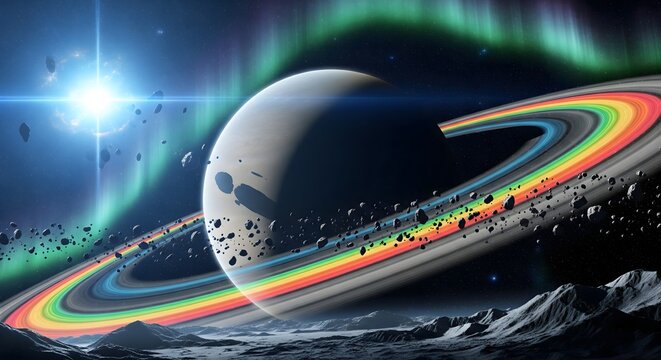 A vibrant, colorful depiction of a ringed planet in a cosmic landscape with auroras and asteroids.