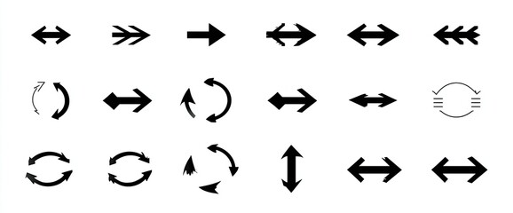 Black and white vector graphic set of various directional arrows