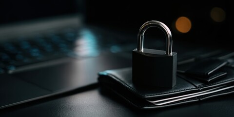 The modern padlock representing security beside a laptop and wallet.