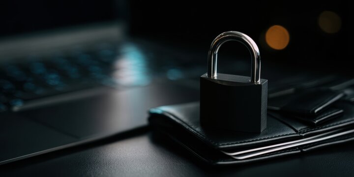 The modern padlock representing security beside a laptop and wallet.