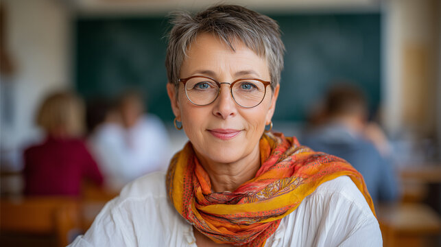 Confident mature woman with glasses and a colorful scarf smiling in a classroom setting.