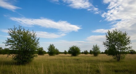 Obraz premium Scenic Meadow Landscape: Green Trees, Golden Grass, and a Bright Blue Sky with White Clouds on a Sunny Day