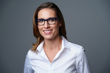 Portrait of a woman with glasses and a white shirt smiling on a gray background studio shot