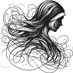Fototapeta premium Intricate Silhouette Art: A Black and White Illustration of a Woman's Face and Flowing Hair
