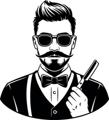 Black and White Vector Illustration of a Stylish Barber with Straight Razor and Bowtie Great for Logos and Branding