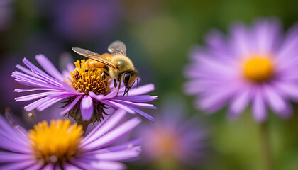 Macro Shot of a Honey Bee Pollinating a Purple Aster Flower in a Garden, a Natural and Eco-Friendly Image Perfect for Environmental and Nature Concepts