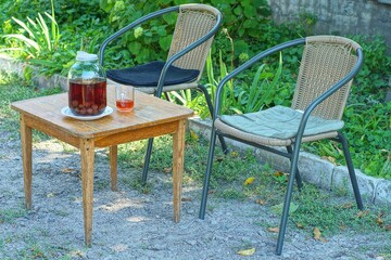two comfortable iron gray simple with back and plastic wicker empty modern chairs and wooden table...