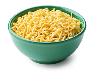 A bowl holds a pile of golden instant noodles, showcasing their curly, wavy texture against a clean white background.