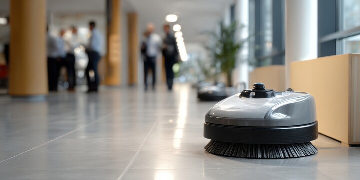 The advanced robotic vacuum cleaner in a modern office environment.