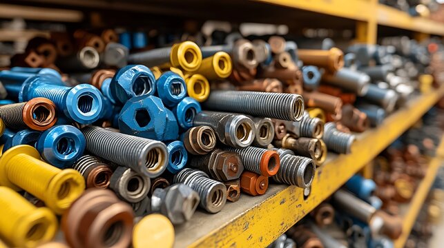 Bolts Bonanza Colorful Fasteners Gleam on Yellow Shelves with Industrial Storage.