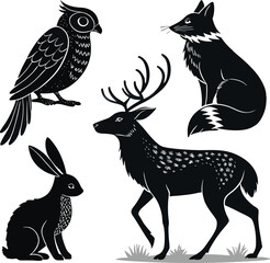 Bundle of 4 solid black silhouette animal designs, owl, fox, deer, rabbit, realistic shape, full black fill, vector-friendly, isolated on white background, no text.