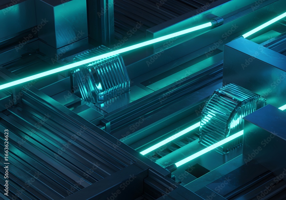 Poster abstract neon tech design metallic structures, futuristic glowing lines, modern 3d render, technolog
