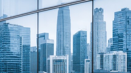 Fototapeta premium City skyline reflected in modern glass facade.