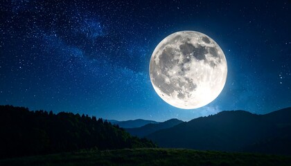 A full moon casts a serene glow over a mountain landscape under a starlit night sky.