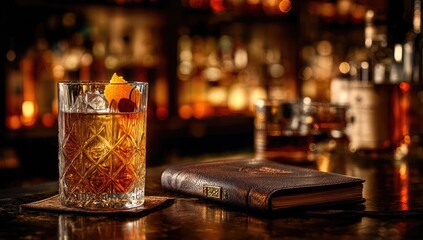 A dark amber Old Fashioned cocktail sits on a bar, beside a vintage notebook