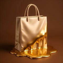 A hyper-luxurious 3D render of a branded silk paper shopping bag that appears to be partially melting and flowing into a pool of molten gold
