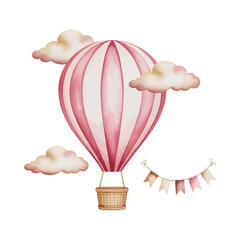 Watercolor hot air balloon with clouds and bunting
