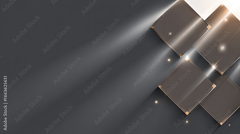 Poster abstract geometric design with intersecting squares and light effects.