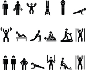 Fitness and workout icons, exercise, weightlifting, push-ups, treadmill, pull-ups, stretching, gym activities, strength training, healthy lifestyle vector illustration.