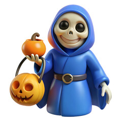 Fototapeta premium Smiling skeleton figure holds two pumpkin containers wearing blue cloak on transparent background