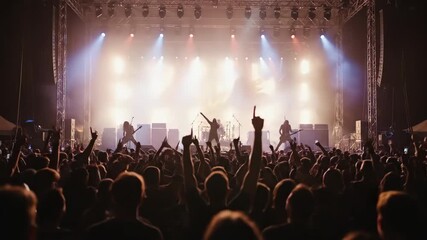 Energetic Live Concert with Enthusiastic Crowd - A vibrant scene of a live music festival featuring a band performing on stage with powerful lighting and effects.