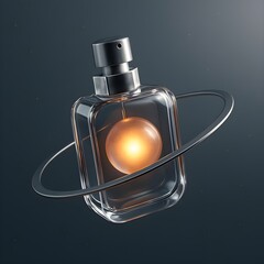 A rotating glass perfume flacon drifts in gentle orbit, its hollow chamber cradling a softly pulsing, luminescent orb