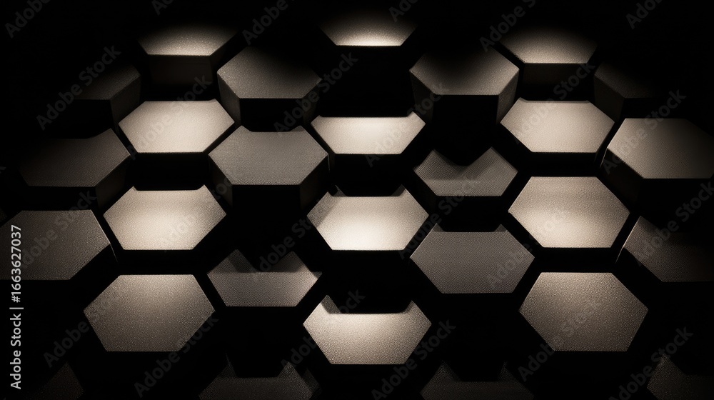 Poster geometric pattern of hexagonal shapes in grayscale.
