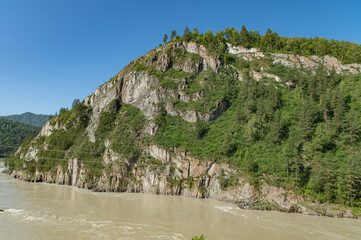 A stormy mountain river is muddy from clay washed down from the mountains.