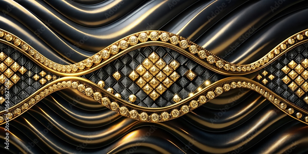 Poster a luxurious gold and black texture with a wavy pattern, creating an elegant and shiny background for